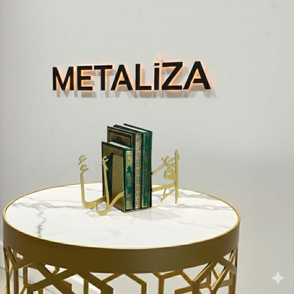 EV VEYA OFİS İÇİN TASARLANMIŞ İSLAMİ DESENLİ METAL Altın Renk KİTAP TUTUCU 3